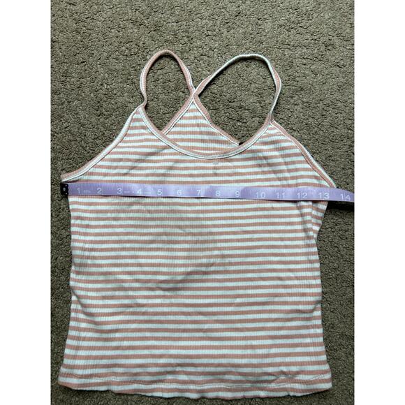 Women’s large ambiance pink and white striped ribbed cropped tank top racer back - Picture 2 of 4